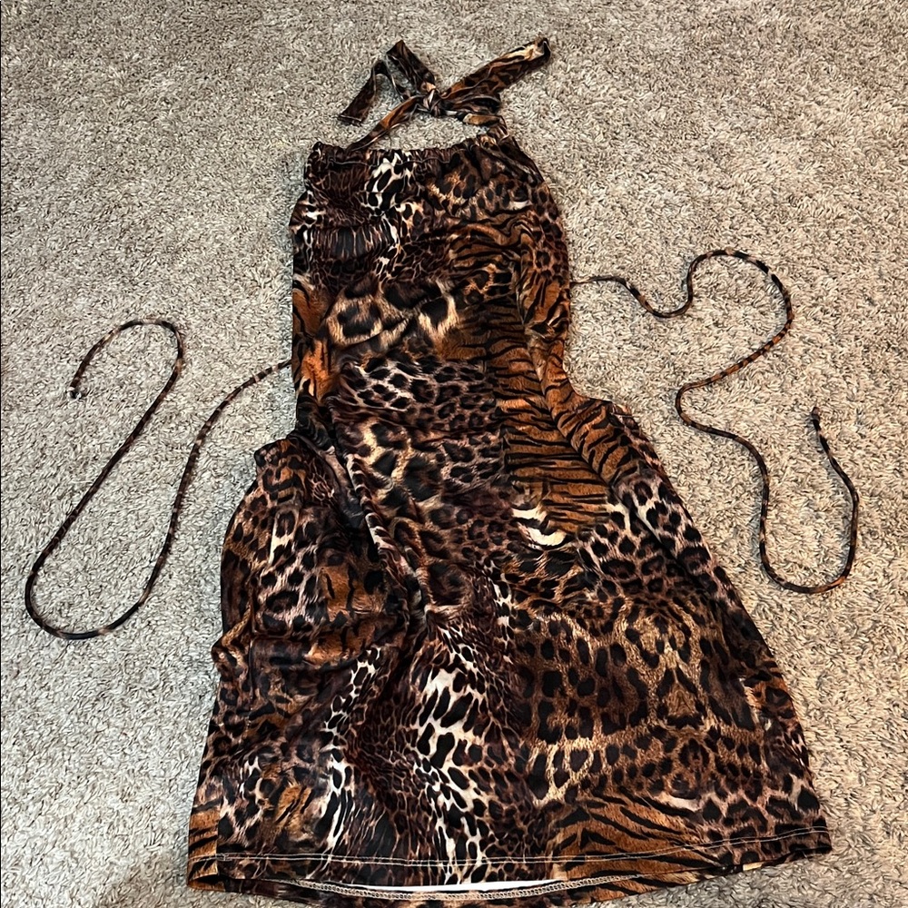 BRAND NEW - AKIRA Animal Print Halter Midi Dress in Brown and Black